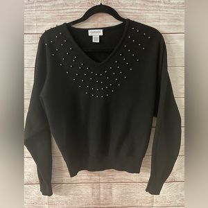 Carmen Marc Valvo V-Neck Dollman Sleeve Pearl Sweater Womens Sz Small Black
